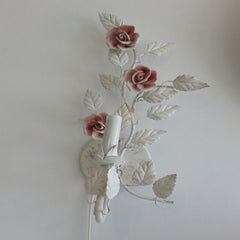 Metal leaf sconce with ceramic flowers